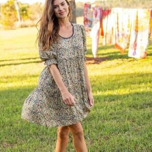 Natural Life Collette Multi Color Floral Rayon Puff Sleeve Mini Dress Small